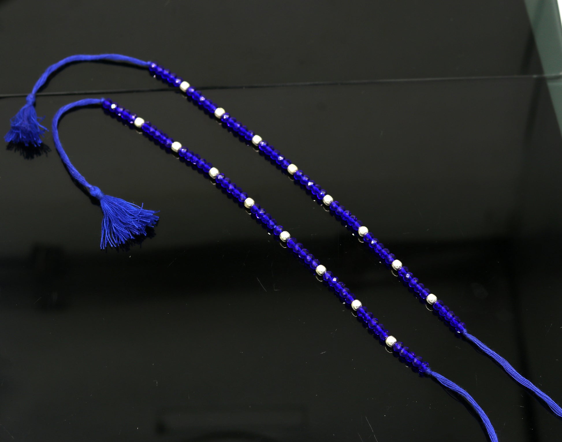 Exclusive threads anklets semi precious blue stone and 925 silver beads, custom made ankle bracelet, pretty modern beaded jewelry ank250 - TRIBAL ORNAMENTS