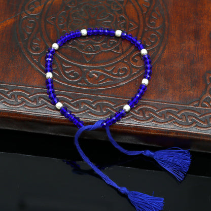 Exclusive Threads anklets featuring semi-precious blue stones and 925 silver beads, handmade modern beaded jewelry ankle bracelet.