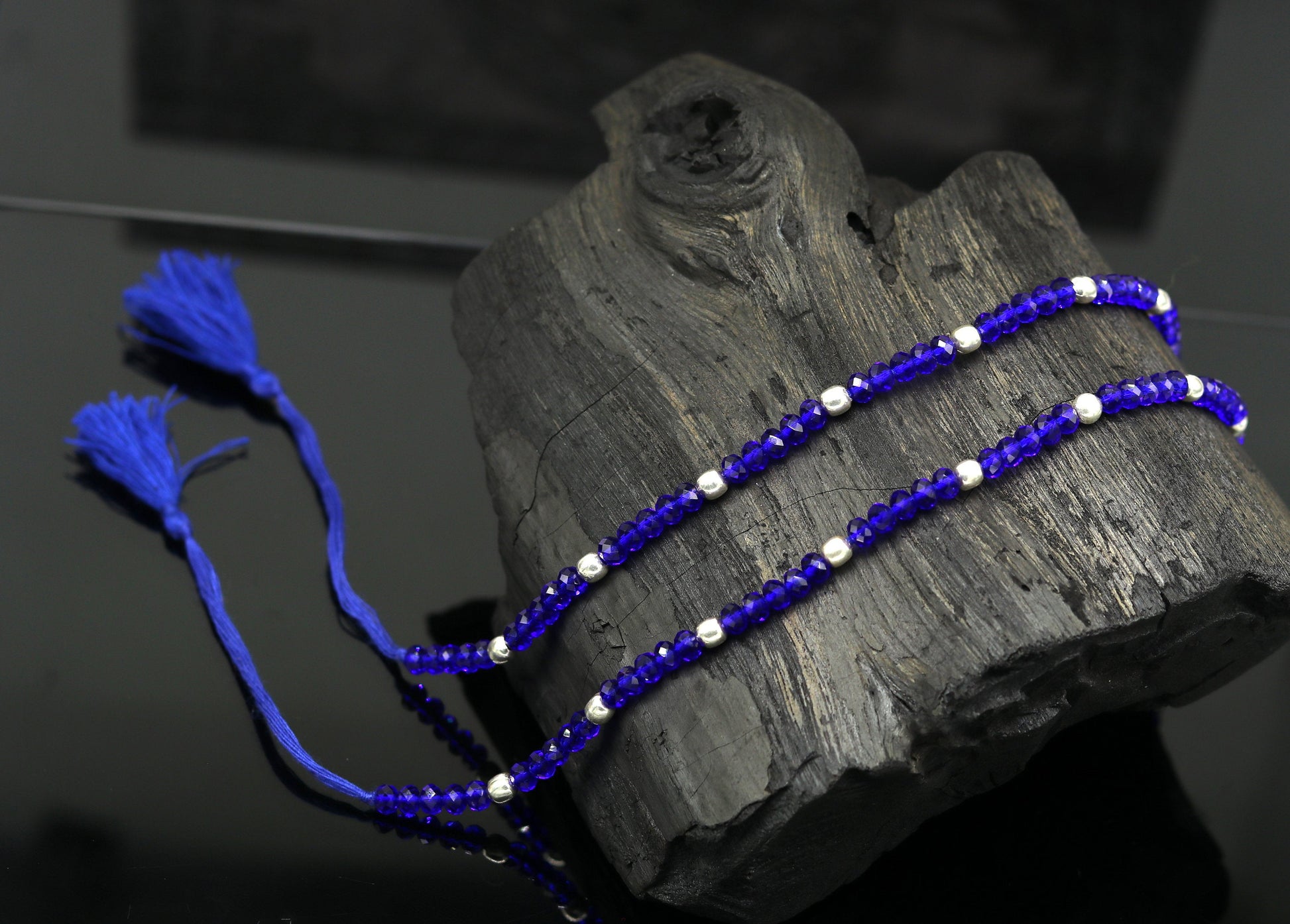 Exclusive threads anklets semi precious blue stone and 925 silver beads, custom made ankle bracelet, pretty modern beaded jewelry ank250 - TRIBAL ORNAMENTS