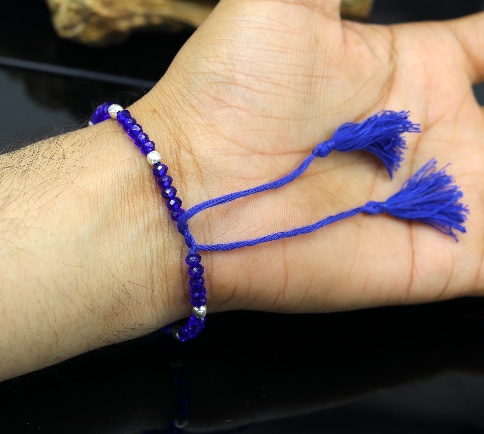 Exclusive threads anklets semi precious blue stone and 925 silver beads, custom made ankle bracelet, pretty modern beaded jewelry ank250 - TRIBAL ORNAMENTS