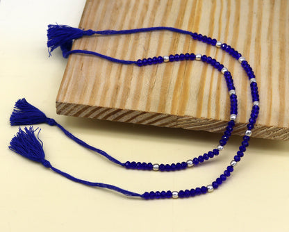Semi-precious blue stone and 925 silver beads on a custom-made tribal jewelry anklet, modern beaded ankle bracelet from Tribal Ornaments.