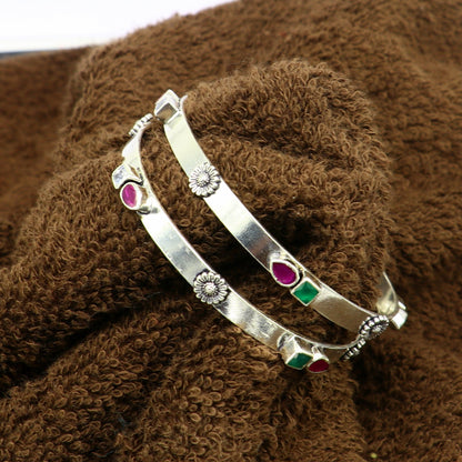 Sterling silver tribal bangles with green and red stones, handmade tribal jewelry bracelet by TRIBAL ORNAMENTS.