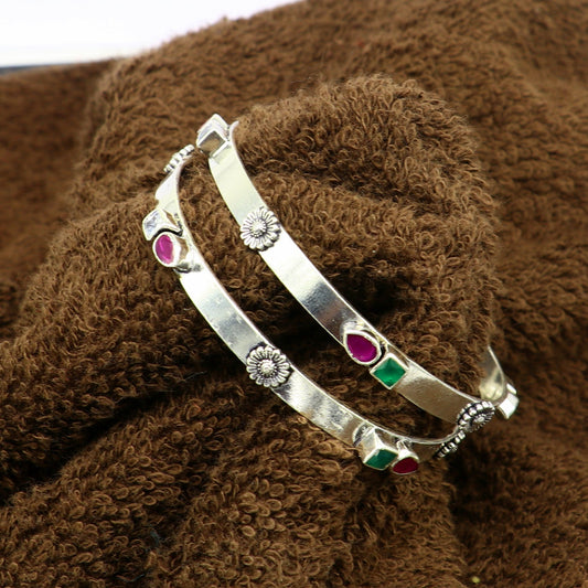 exclusive unique design handmade 925 sterling silver plain design green red stone bangles bracelet, tribal stylish fancy jewelry nba118 - TRIBAL ORNAMENTS