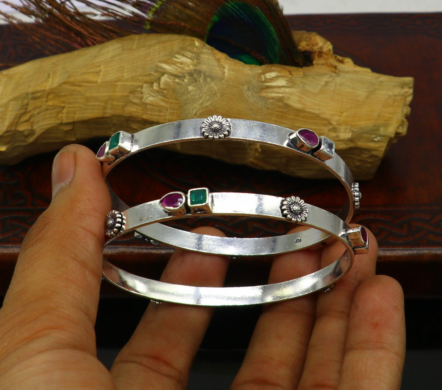 exclusive unique design handmade 925 sterling silver plain design green red stone bangles bracelet, tribal stylish fancy jewelry nba118 - TRIBAL ORNAMENTS