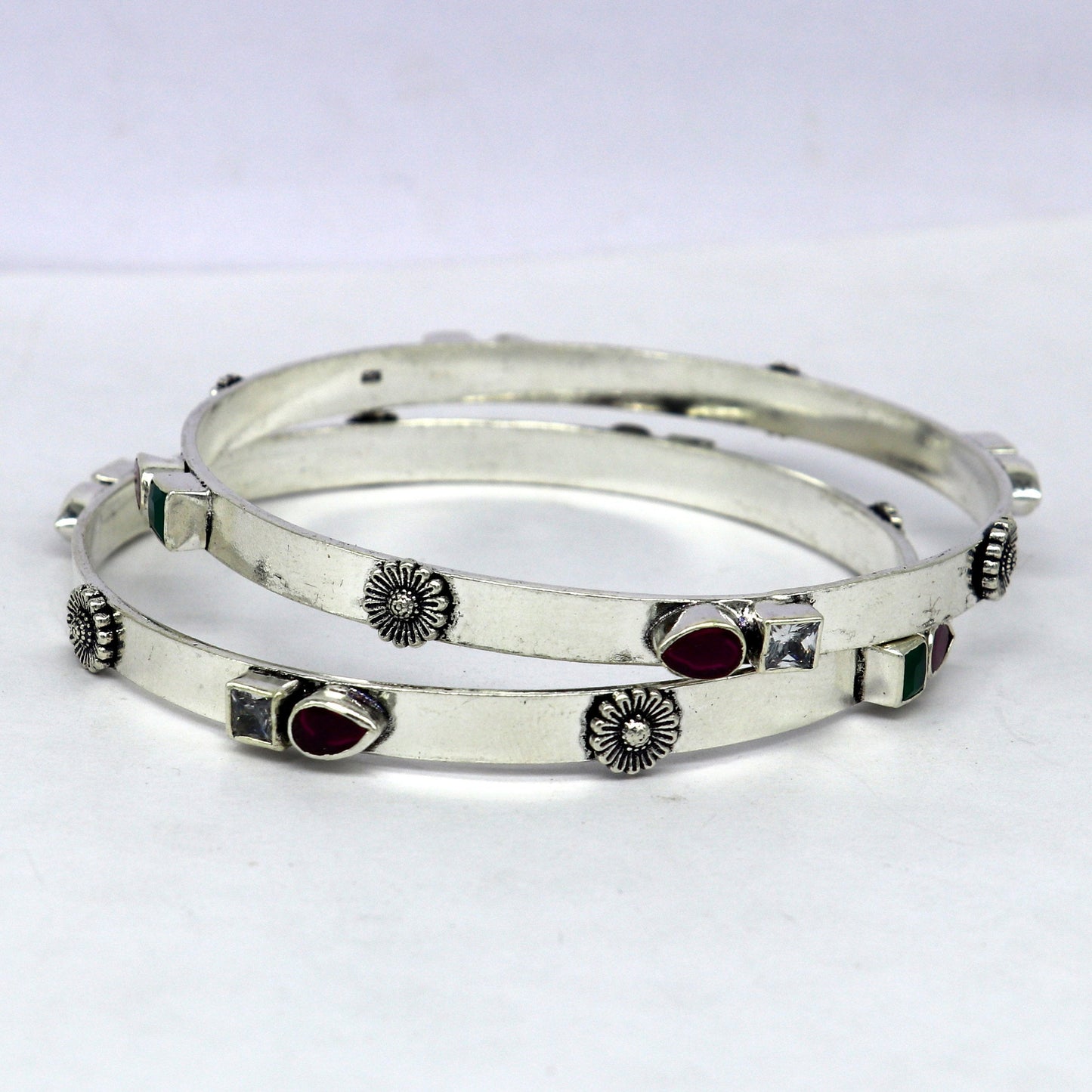 exclusive unique design handmade 925 sterling silver plain design green red stone bangles bracelet, tribal stylish fancy jewelry nba118 - TRIBAL ORNAMENTS