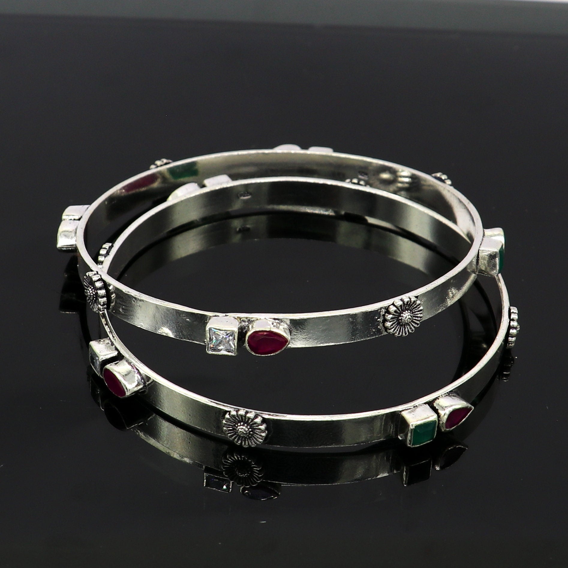 exclusive unique design handmade 925 sterling silver plain design green red stone bangles bracelet, tribal stylish fancy jewelry nba118 - TRIBAL ORNAMENTS