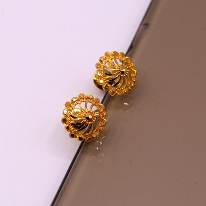 22K yellow gold handmade filigree stud earrings by TRIBAL ORNAMENTS, stylish modern Indian ethnic jewelry with intricate goldwork.