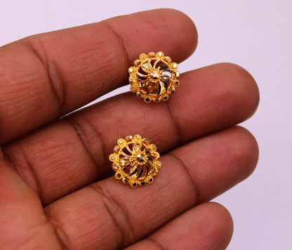 22Kt yellow gold handmade filigree stud earrings by TRIBAL ORNAMENTS, featuring intricate design and modern Indian ethnic jewelry style