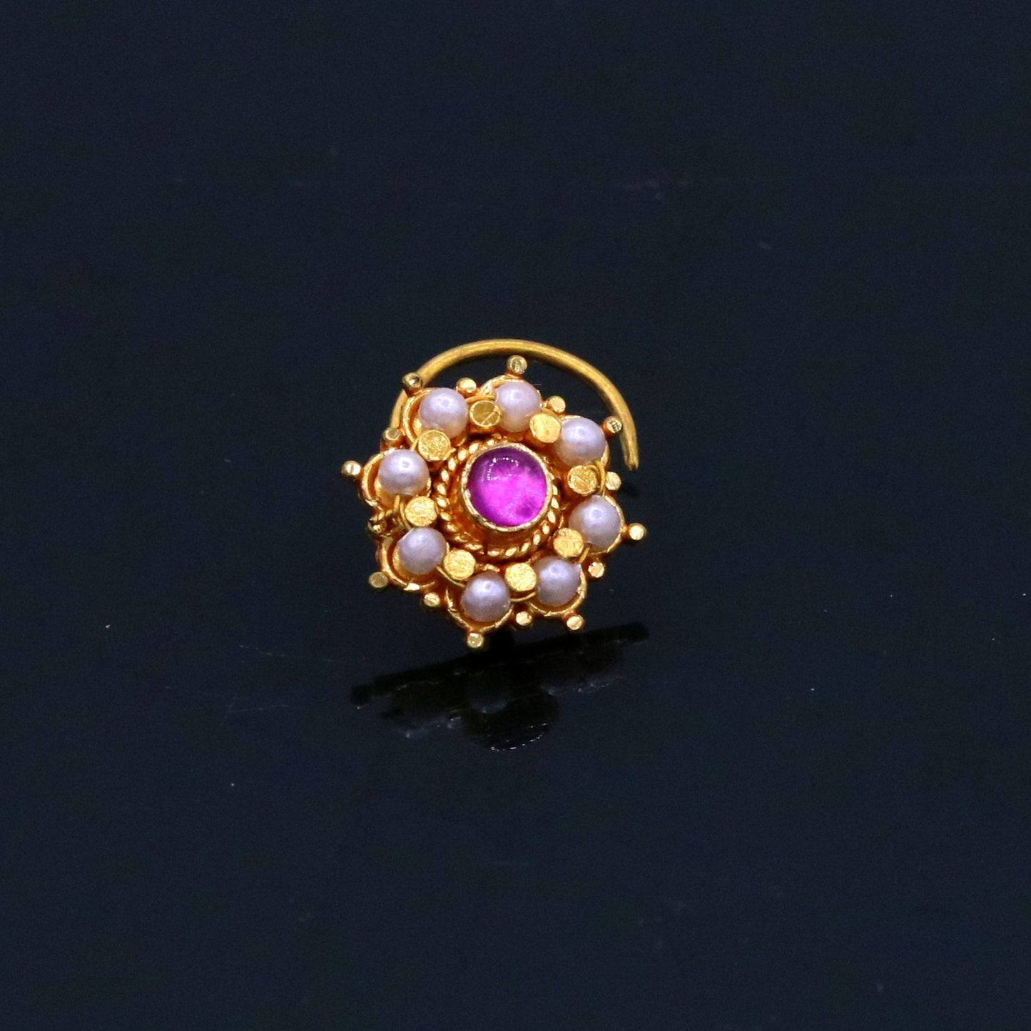 Fabulous 8 white pearl and red stone 20kt yellow gold nose pin nose stud Indian vintage antique design handmade tribal jewelry gnp27 - TRIBAL ORNAMENTS