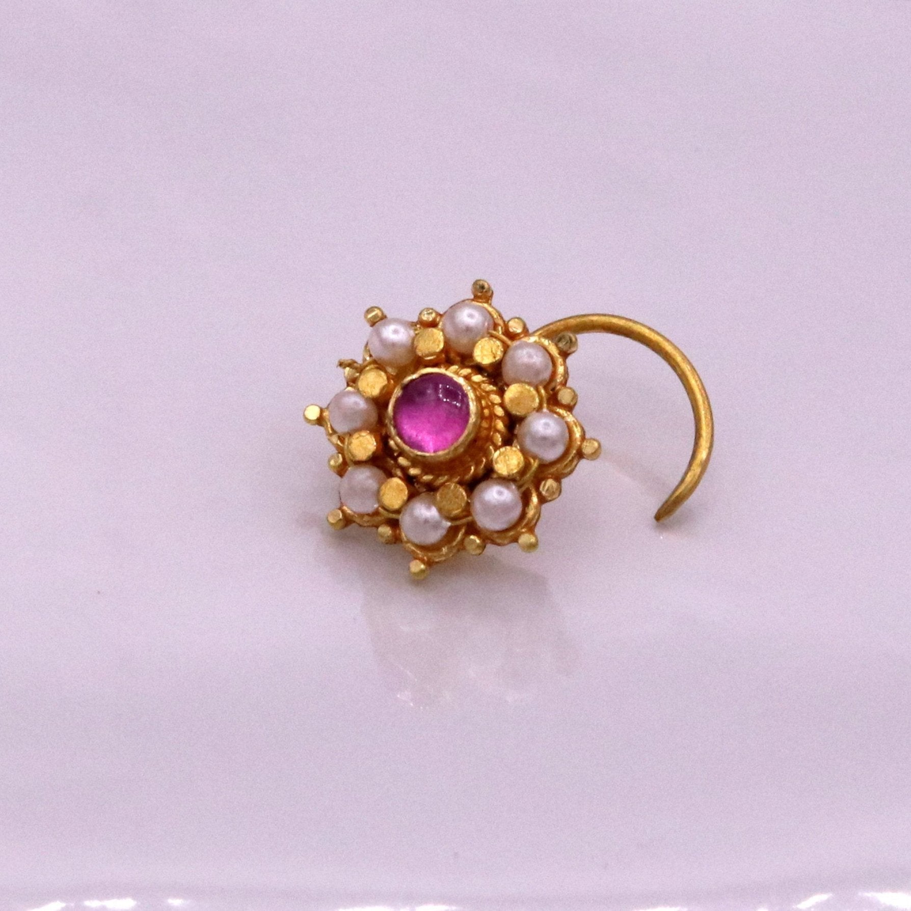 Fabulous 8 white pearl and red stone 20kt yellow gold nose pin nose stud Indian vintage antique design handmade tribal jewelry gnp27 - TRIBAL ORNAMENTS