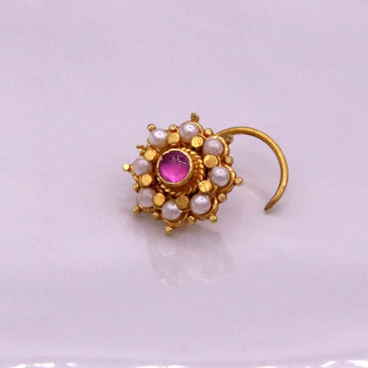 Fabulous 8 white pearl and red stone 20kt yellow gold nose pin nose stud Indian vintage antique design handmade tribal jewelry gnp27 - TRIBAL ORNAMENTS