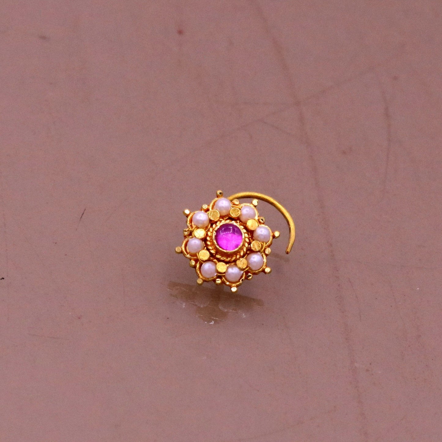 Fabulous 8 white pearl and red stone 20kt yellow gold nose pin nose stud Indian vintage antique design handmade tribal jewelry gnp27 - TRIBAL ORNAMENTS