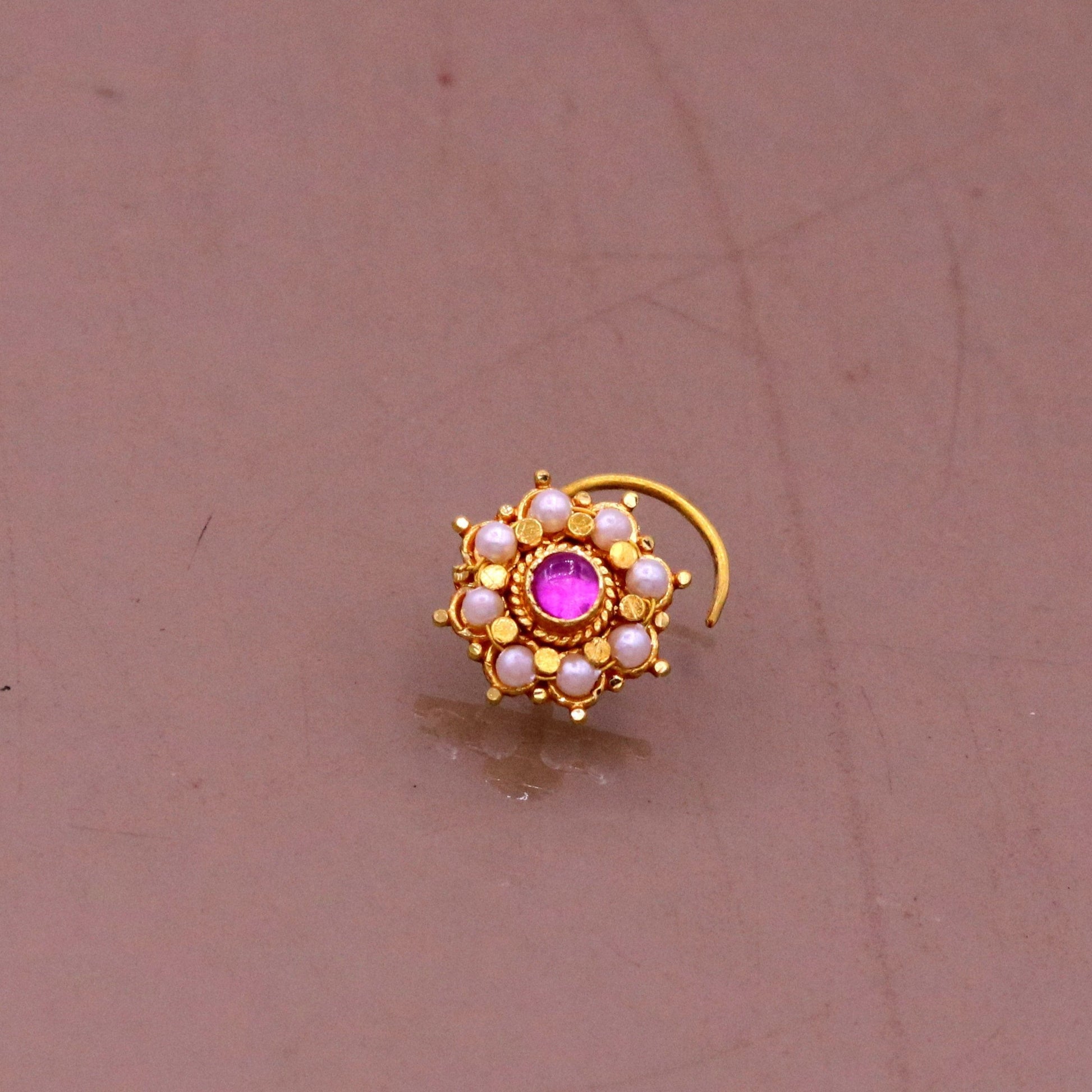 Fabulous 8 white pearl and red stone 20kt yellow gold nose pin nose stud Indian vintage antique design handmade tribal jewelry gnp27 - TRIBAL ORNAMENTS