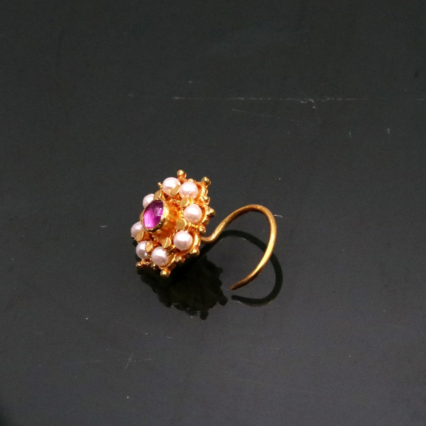 Fabulous 8 white pearl and red stone 20kt yellow gold nose pin nose stud Indian vintage antique design handmade tribal jewelry gnp27 - TRIBAL ORNAMENTS