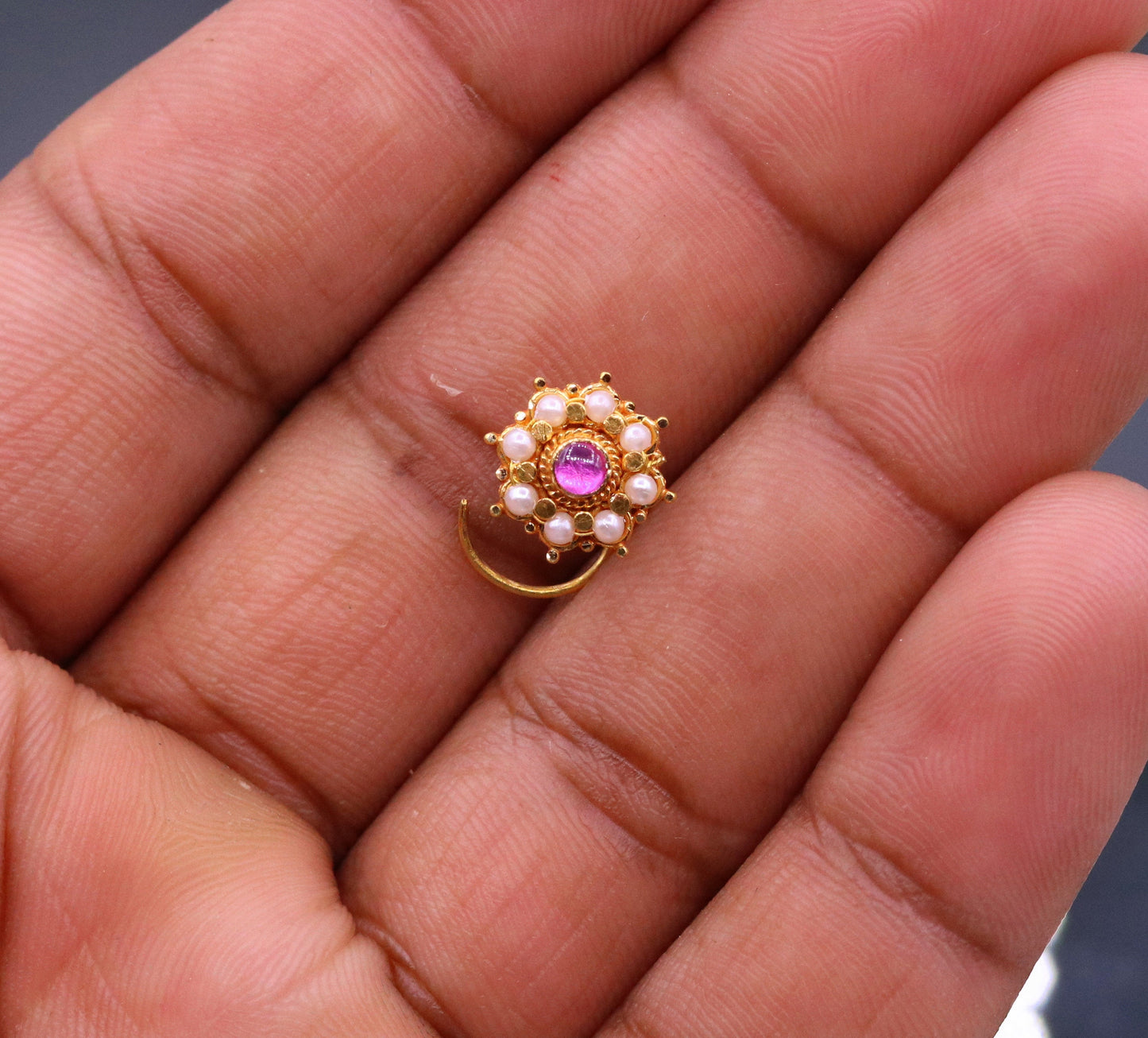 Fabulous 8 white pearl and red stone 20kt yellow gold nose pin nose stud Indian vintage antique design handmade tribal jewelry gnp27 - TRIBAL ORNAMENTS