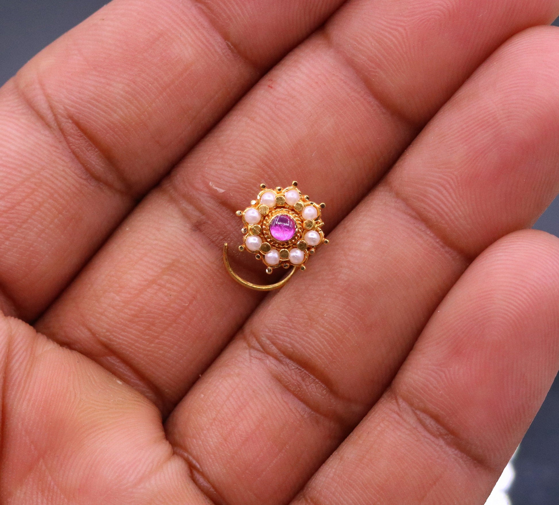 Fabulous 8 white pearl and red stone 20kt yellow gold nose pin nose stud Indian vintage antique design handmade tribal jewelry gnp27 - TRIBAL ORNAMENTS