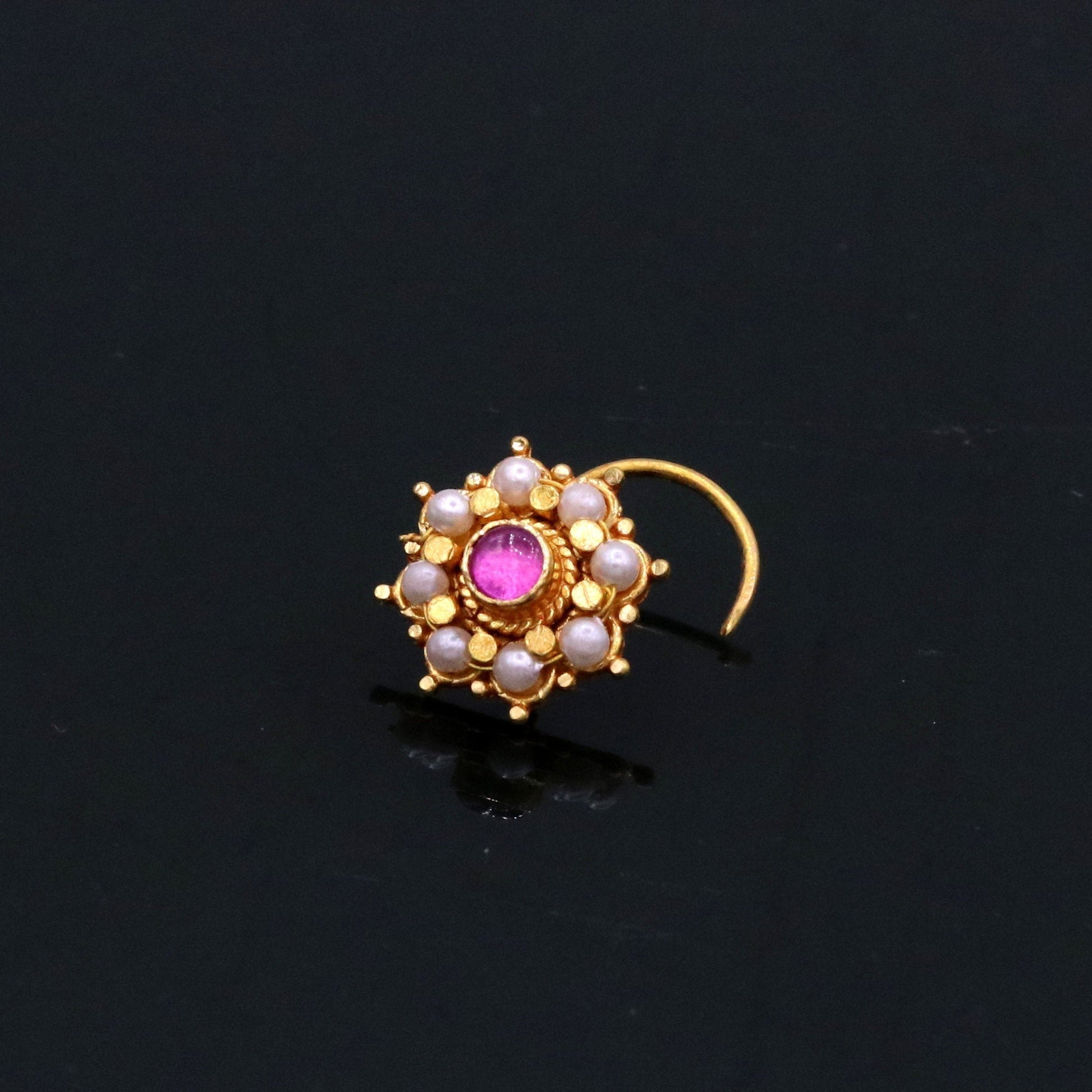 Fabulous 8 white pearl and red stone 20kt yellow gold nose pin nose stud Indian vintage antique design handmade tribal jewelry gnp27 - TRIBAL ORNAMENTS