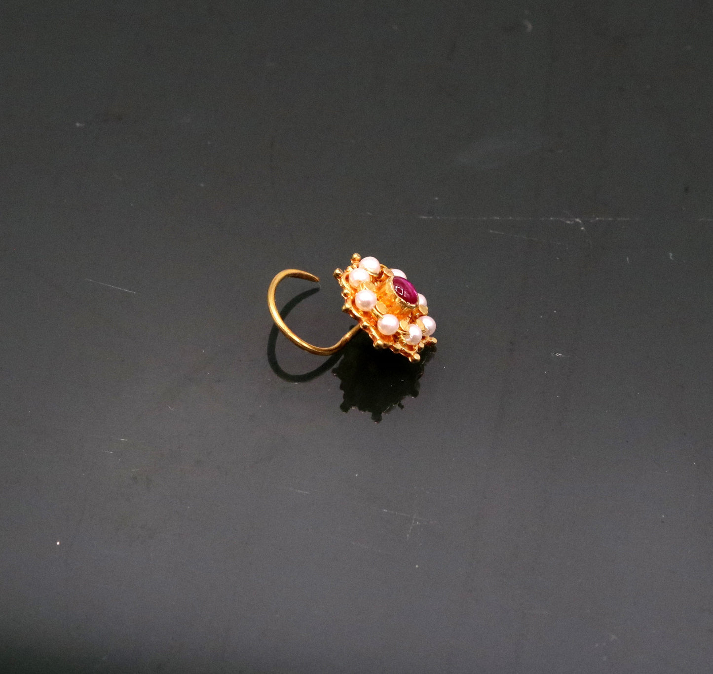 Fabulous 8 white pearl and red stone 20kt yellow gold nose pin nose stud Indian vintage antique design handmade tribal jewelry gnp27 - TRIBAL ORNAMENTS