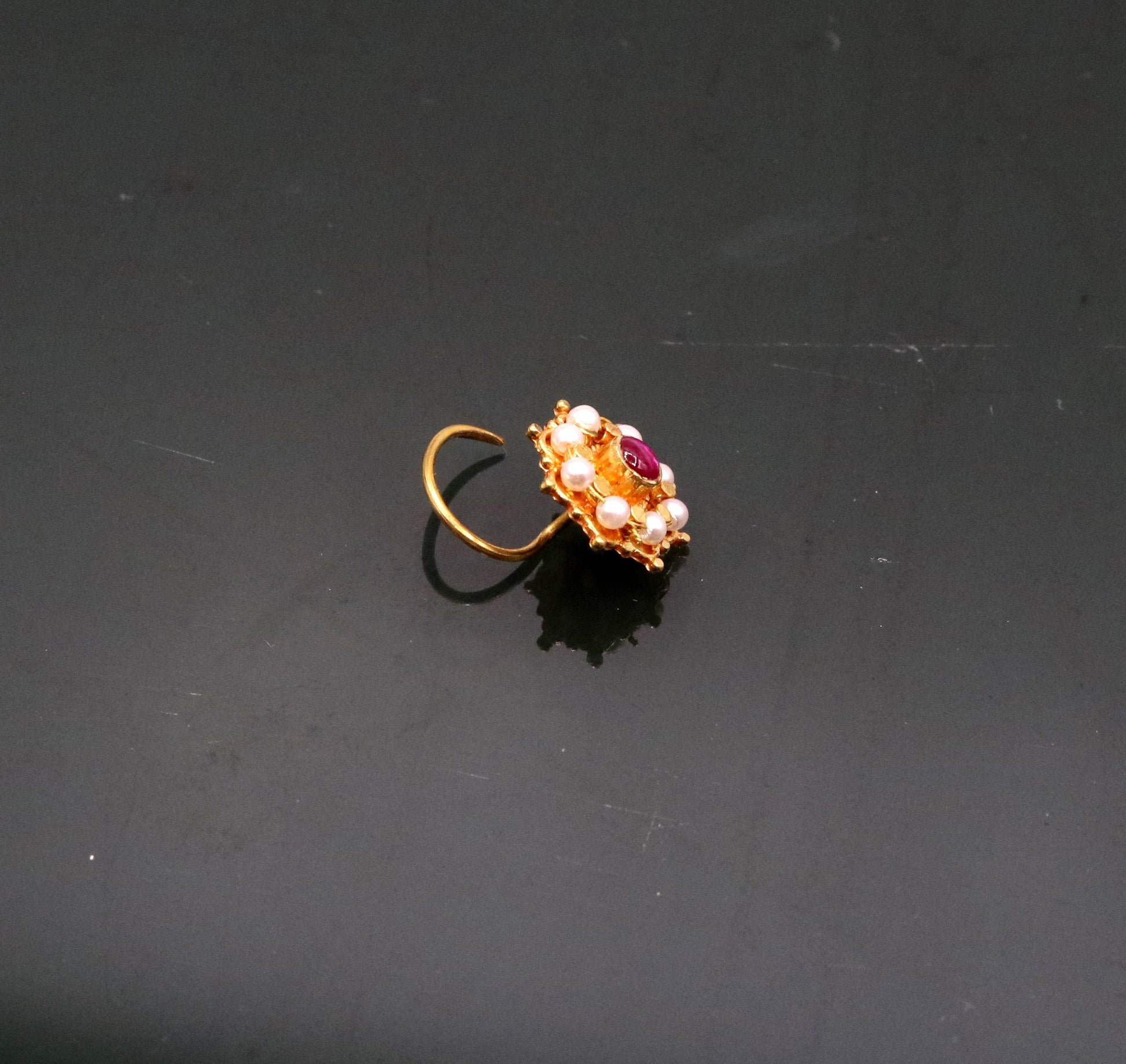 Fabulous 8 white pearl and red stone 20kt yellow gold nose pin nose stud Indian vintage antique design handmade tribal jewelry gnp27 - TRIBAL ORNAMENTS