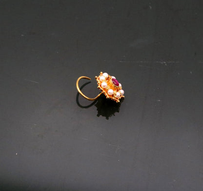 Fabulous 8 white pearl and red stone 20kt yellow gold nose pin nose stud Indian vintage antique design handmade tribal jewelry gnp27 - TRIBAL ORNAMENTS