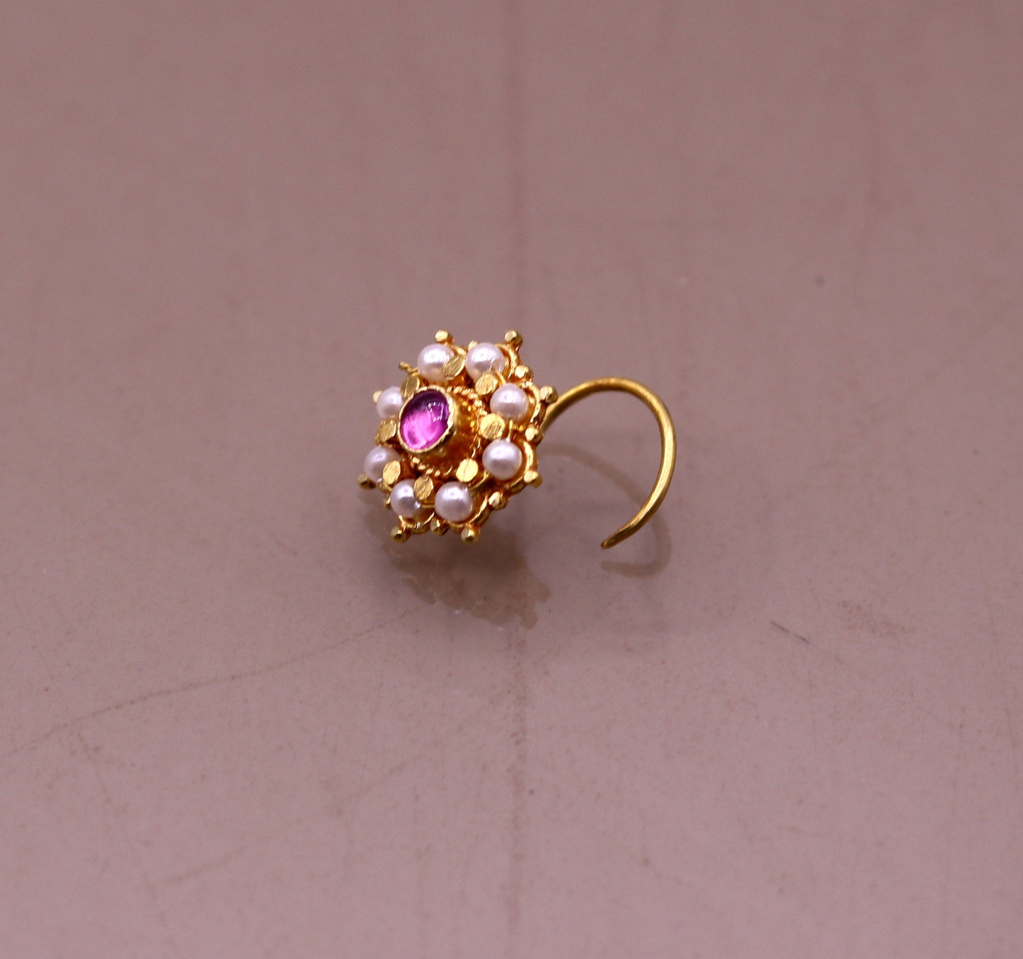 Fabulous 8 white pearl and red stone 20kt yellow gold nose pin nose stud Indian vintage antique design handmade tribal jewelry gnp27 - TRIBAL ORNAMENTS