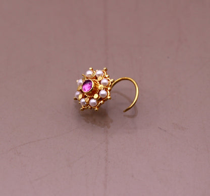 Fabulous 8 white pearl and red stone 20kt yellow gold nose pin nose stud Indian vintage antique design handmade tribal jewelry gnp27 - TRIBAL ORNAMENTS