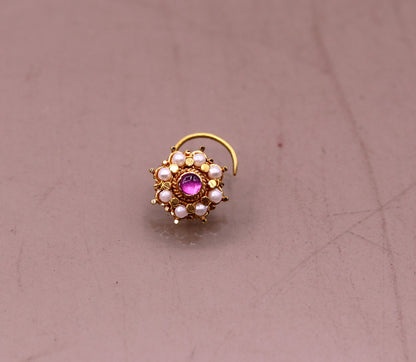 Fabulous 8 white pearl and red stone 20kt yellow gold nose pin nose stud Indian vintage antique design handmade tribal jewelry gnp27 - TRIBAL ORNAMENTS