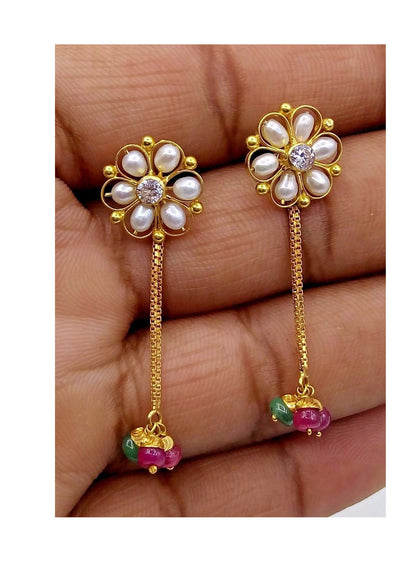 Fabulous flower-shaped real pearl 22K yellow gold handmade stud earrings with dangling colorful stones, women's jewelry by TRIBAL ORNAMENTS.