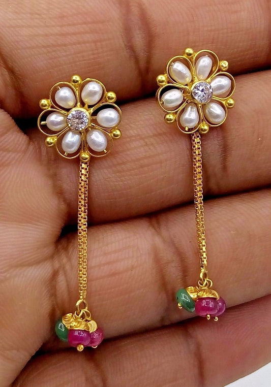 Fabulous flower shape real pearl 22kt yellow gold handmade stud earring with dangling color stone women's girls jewelry - TRIBAL ORNAMENTS