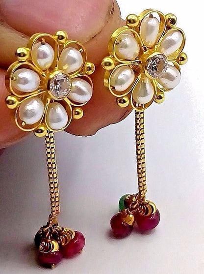 Fabulous flower-shaped real pearl 22KT yellow gold handmade stud earrings with dangling colorful stones, women's jewelry by TRIBAL ORNAMENTS.