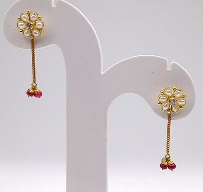 Fabulous flower-shaped real pearl 22K yellow gold stud earrings with dangling colorful stones, handmade women's jewelry.