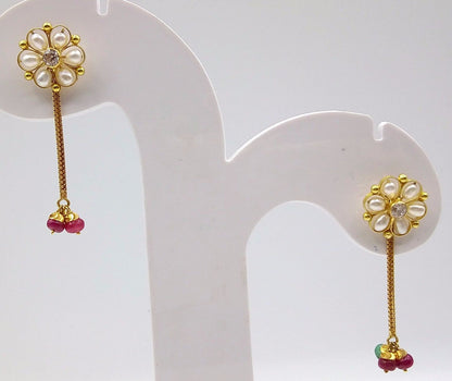 Fabulous flower-shaped real pearl stud earrings with 22K yellow gold and dangling colorful stones, handmade women's jewelry.