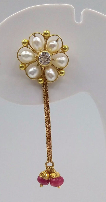 Fabulous flower-shaped real pearl 22K yellow gold handmade stud earrings with dangling colorful stones, women's jewelry by TRIBAL ORNAMENTS.