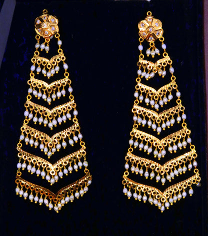 Handmade Indian bridal dangling earrings with pearls, Bollywood style chandelier earrings for Punjabi and Muslim women by TRIBAL ORNAMENTS.
