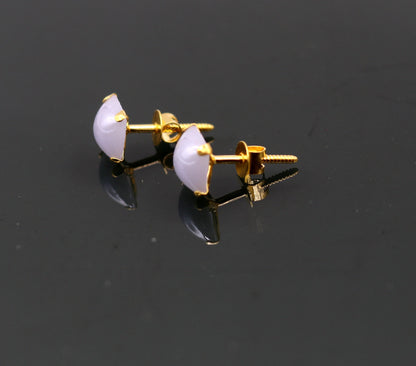 Fabulous light blue color stone 18kt yellow gold handmade stud earring excellent daily use gifting light weight jewelry india  er100 - TRIBAL ORNAMENTS