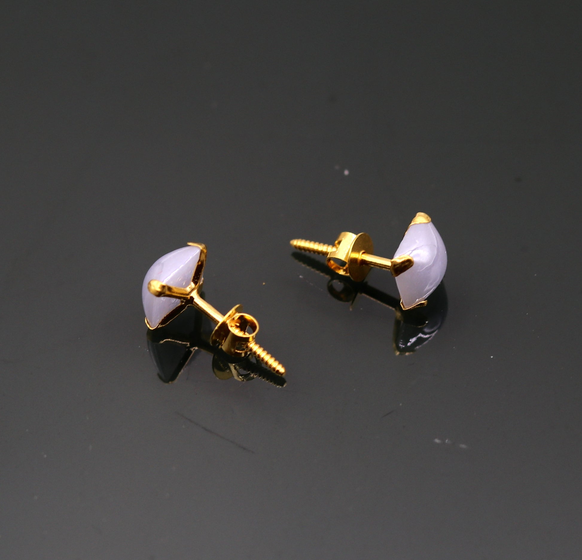 Fabulous light blue color stone 18kt yellow gold handmade stud earring excellent daily use gifting light weight jewelry india  er100 - TRIBAL ORNAMENTS