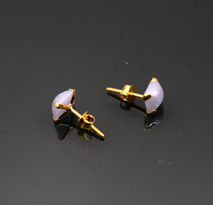 Fabulous light blue color stone 18kt yellow gold handmade stud earring excellent daily use gifting light weight jewelry india  er100 - TRIBAL ORNAMENTS