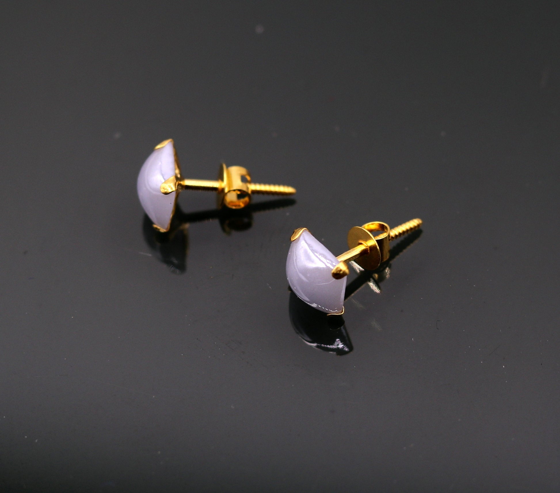 Fabulous light blue color stone 18kt yellow gold handmade stud earring excellent daily use gifting light weight jewelry india  er100 - TRIBAL ORNAMENTS