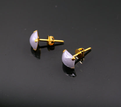 Fabulous light blue color stone 18kt yellow gold handmade stud earring excellent daily use gifting light weight jewelry india  er100 - TRIBAL ORNAMENTS
