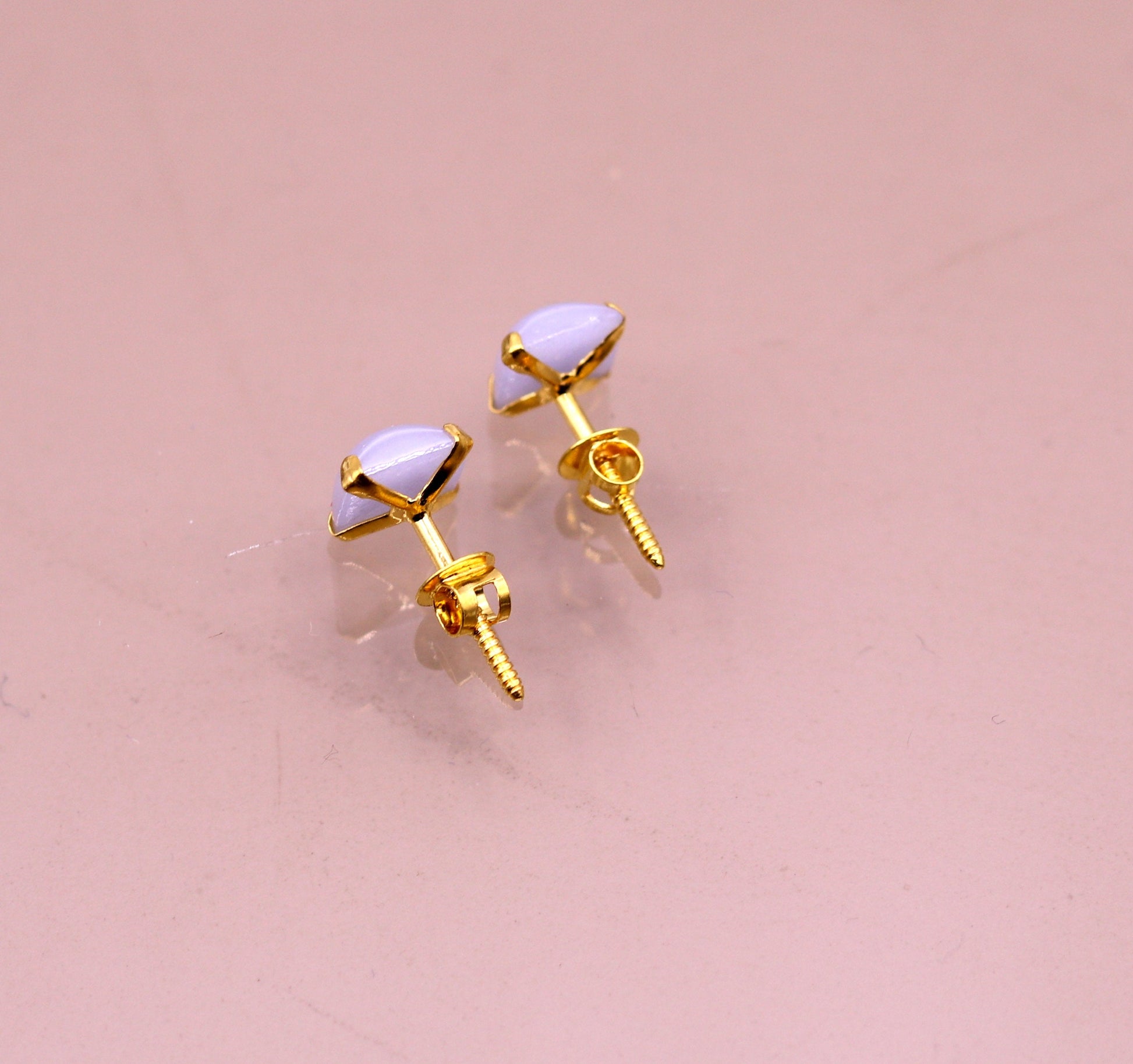 Fabulous light blue color stone 18kt yellow gold handmade stud earring excellent daily use gifting light weight jewelry india  er100 - TRIBAL ORNAMENTS