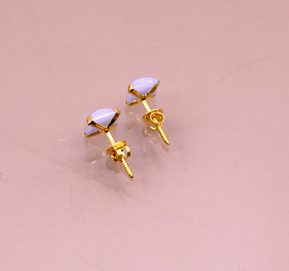 Fabulous light blue color stone 18kt yellow gold handmade stud earring excellent daily use gifting light weight jewelry india  er100 - TRIBAL ORNAMENTS
