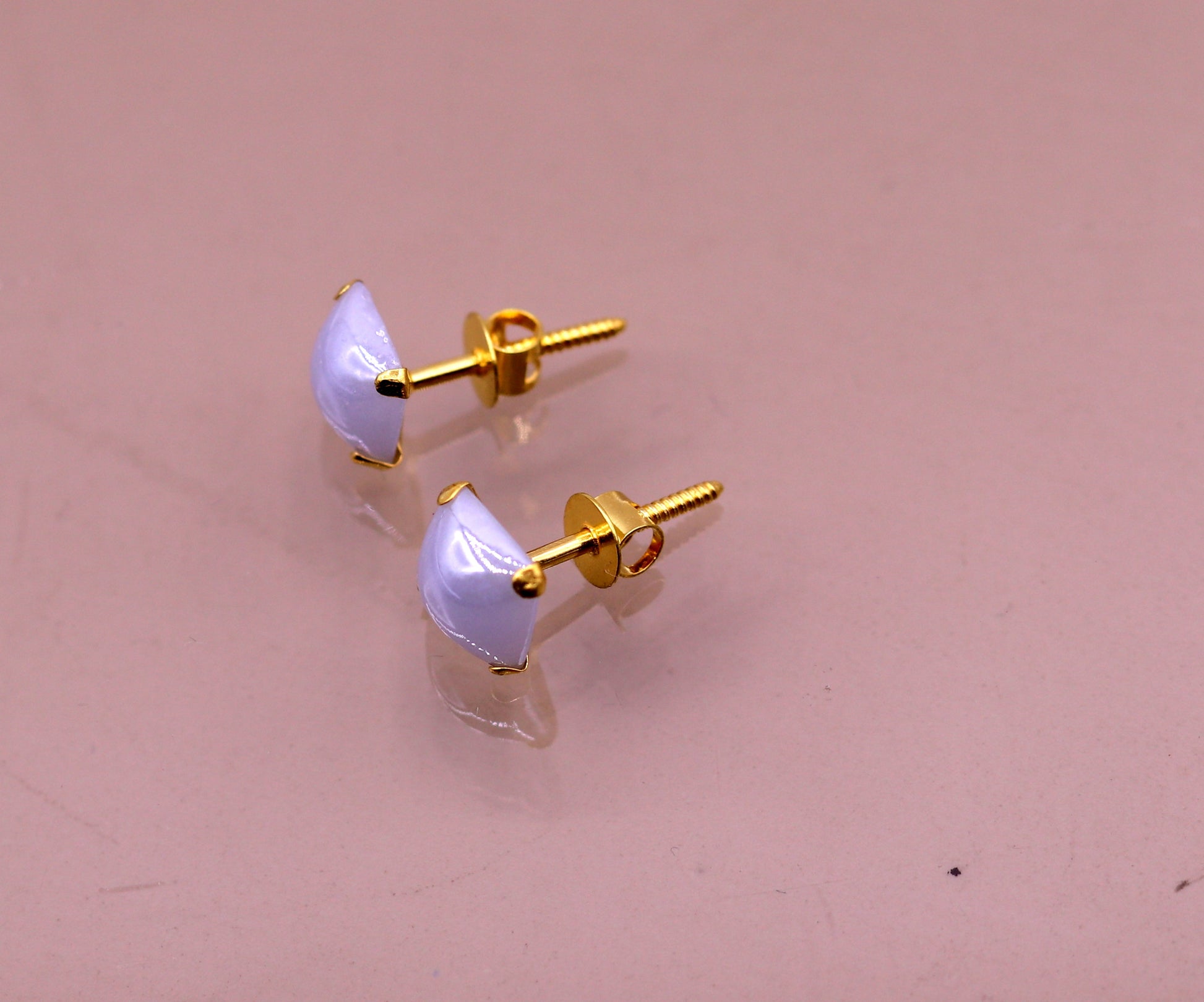 Fabulous light blue color stone 18kt yellow gold handmade stud earring excellent daily use gifting light weight jewelry india  er100 - TRIBAL ORNAMENTS