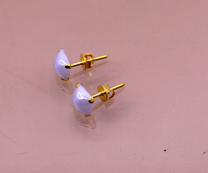 Fabulous light blue color stone 18kt yellow gold handmade stud earring excellent daily use gifting light weight jewelry india  er100 - TRIBAL ORNAMENTS