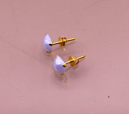 Fabulous light blue color stone 18kt yellow gold handmade stud earring excellent daily use gifting light weight jewelry india  er100 - TRIBAL ORNAMENTS