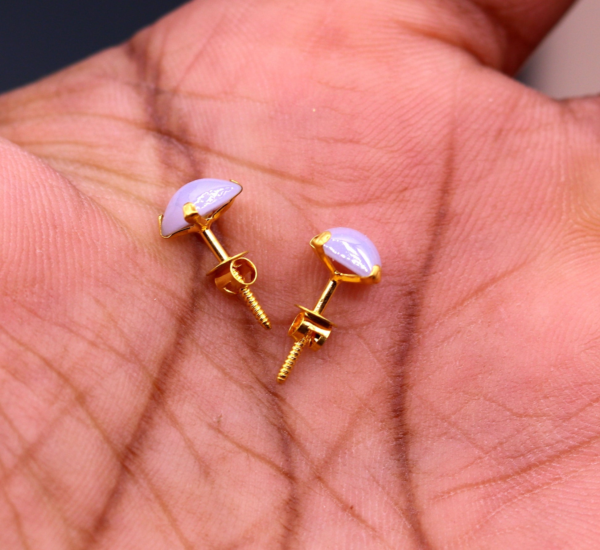 Fabulous light blue color stone 18kt yellow gold handmade stud earring excellent daily use gifting light weight jewelry india  er100 - TRIBAL ORNAMENTS