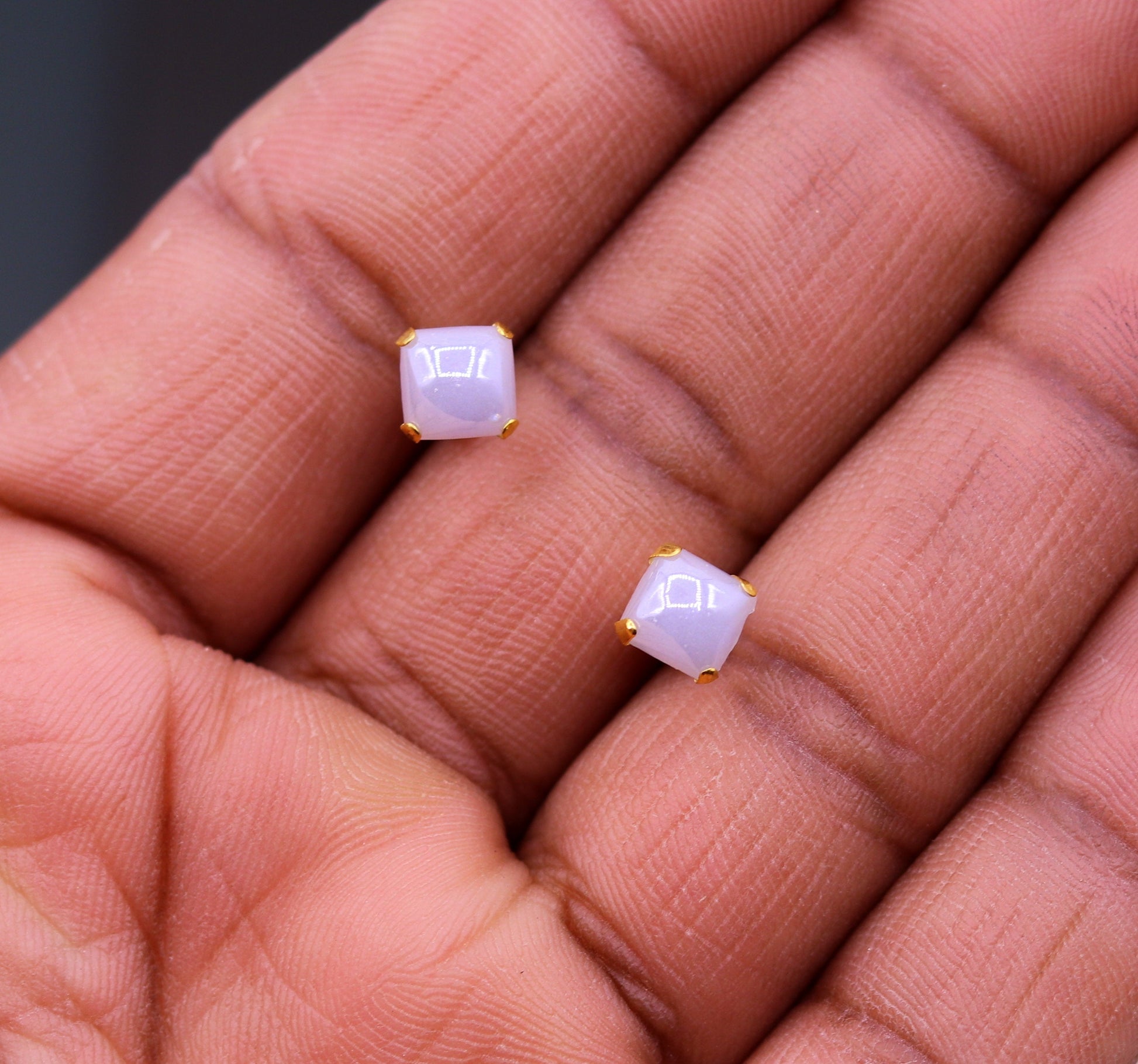 Fabulous light blue color stone 18kt yellow gold handmade stud earring excellent daily use gifting light weight jewelry india  er100 - TRIBAL ORNAMENTS