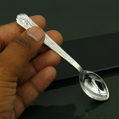 Sterling silver handmade 5-inch spoon from Tribal Ornaments, antibacterial silver kitchen utensil with traditional craftsmanship.
