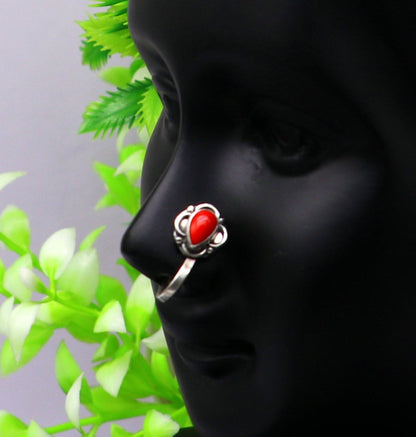 fabulous stylish 925 sterling silver customized single coral nose pin, best gift nose plug, clip-on nose pin, fabulous party wear np111 - TRIBAL ORNAMENTS
