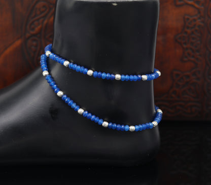 Fabulous Threads anklet with semi-precious blue stones and 925 silver beads, handcrafted tribal beaded jewelry ankle bracelet.