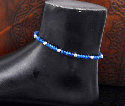 Semi-precious blue stone and 925 silver bead anklet by Tribal Ornaments, handcrafted modern beaded jewelry ankle bracelet.